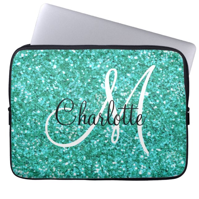 Teal  sparkling glitter monogrammed       laptop sleeve (Front)