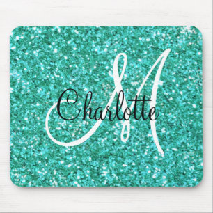 Teal sparkling glitter monogrammed mouse pad