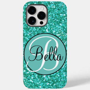 Teal sparkling glitter pattern monogrammed    Case-Mate iPhone 14 pro max case