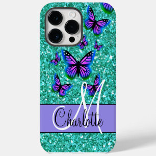 Teal sparkling glitter, purple butterflies iPhone 14 pro max case