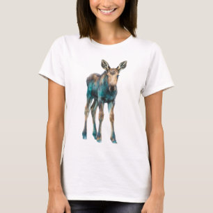 Teal Splashed Baby Moose Calf Portrait Women T-Shirt