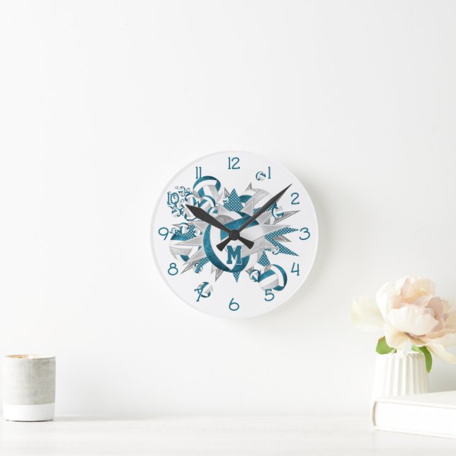 teal sports room decor girls volleyballs stars round clock (Home)