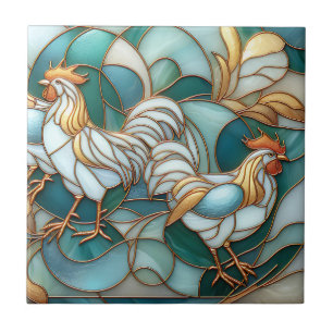 Teal Stained Glass Roosters Elegant Farmhouse Ceramic Tile