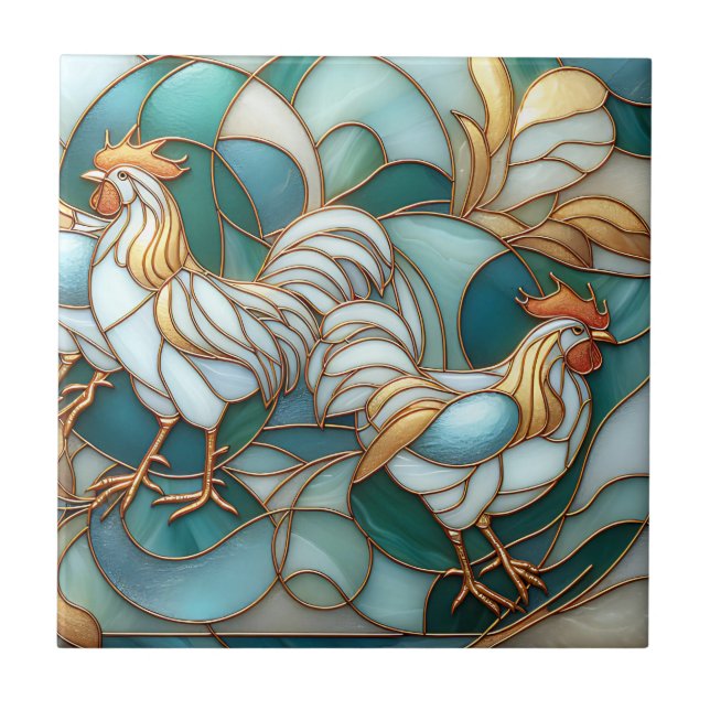 Teal Stained Glass Roosters Elegant Farmhouse Ceramic Tile (Front)