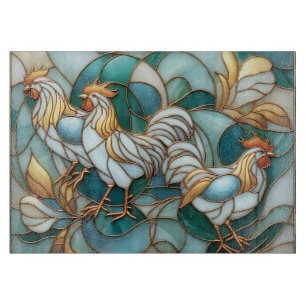 Teal Stained Glass Roosters Elegant Farmhouse Cutting Board