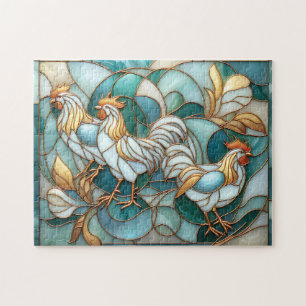 Teal Stained Glass Roosters Elegant Farmhouse Jigsaw Puzzle