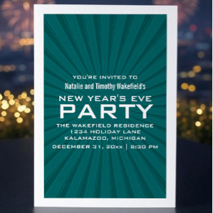 Teal Starburst Stripes New Year's Party Invite