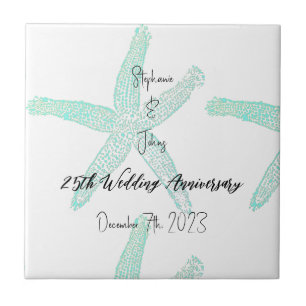 Teal Starfish 25th Wedding Anniversary Custom Name Ceramic Tile