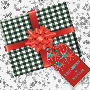 Teal Starfish and Dots Red Holiday Gift Tags