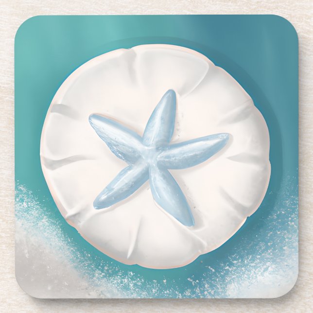 Teal Starfish and Sand Dollar Beachy  Coaster (Front)