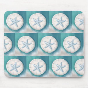 Teal Starfish and Sand Dollar Beachy  Mouse Pad