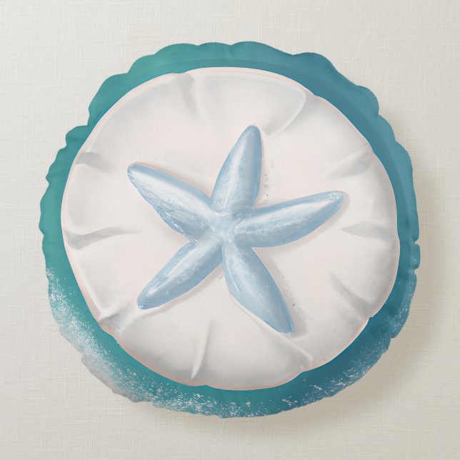 Teal Starfish and Sand Dollar Beachy  Round Cushion (Front)