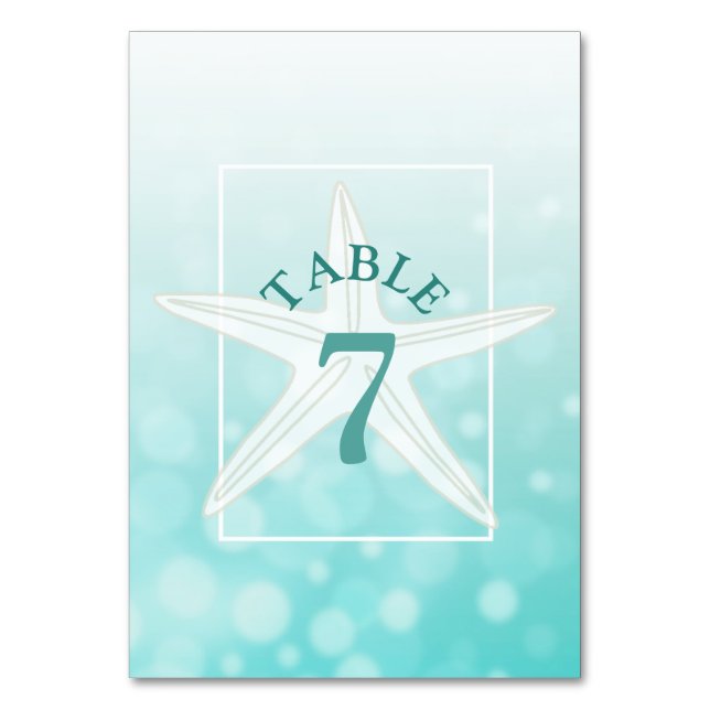 Teal Starfish Beach Wedding Table Number Card (Front)
