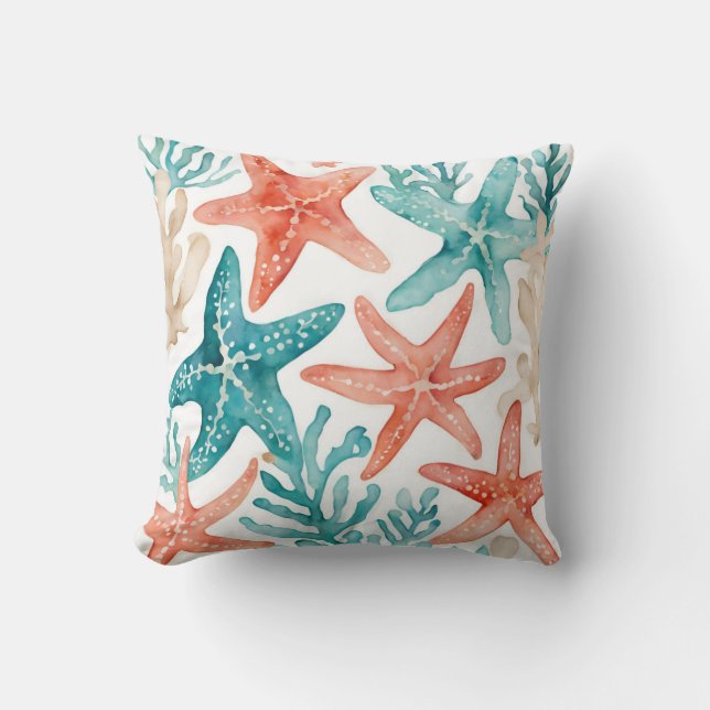 Teal Starfish Beachy Seashell Pattern Cushion (Front)