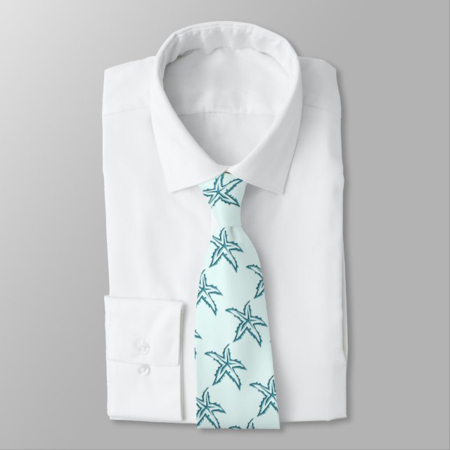 Teal Starfish Blue Tie (Tied)
