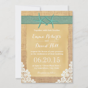 Teal Starfish Lace & Burlap Wedding Invitation