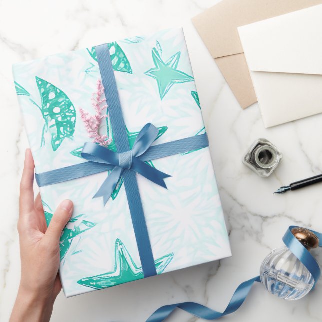 teal starfish ocean pattern wrapping paper (Gifting)