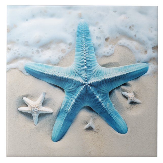 Teal Starfish Seafoam Beach Seashore Watercolor Ceramic Tile (Front)
