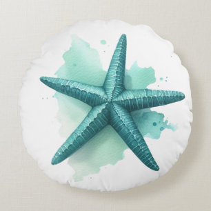 Teal Starfish Seashell Beachy Coastal Shell Round Cushion