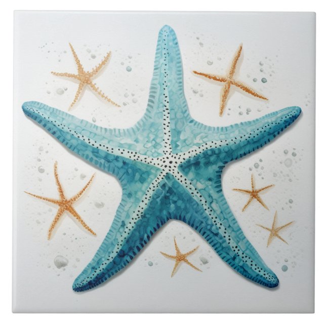 Teal Starfish Watercolor Ceramic Tile (Front)
