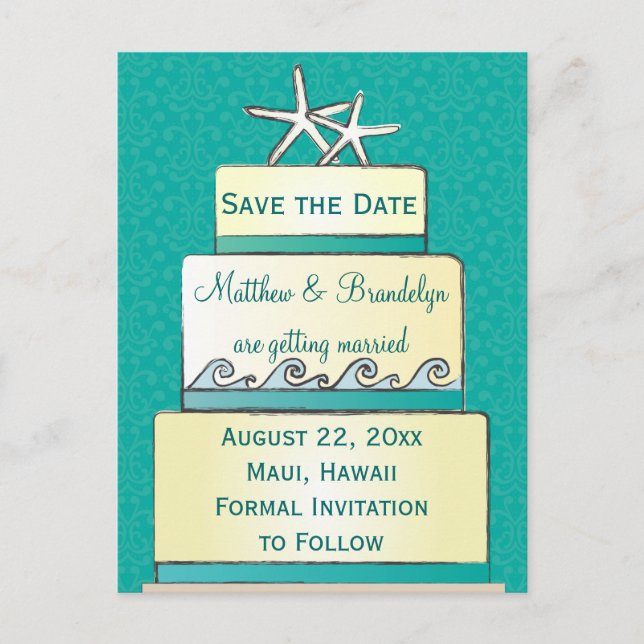 Teal Starfish Wedding Cake Save the Date Postcard (Front)