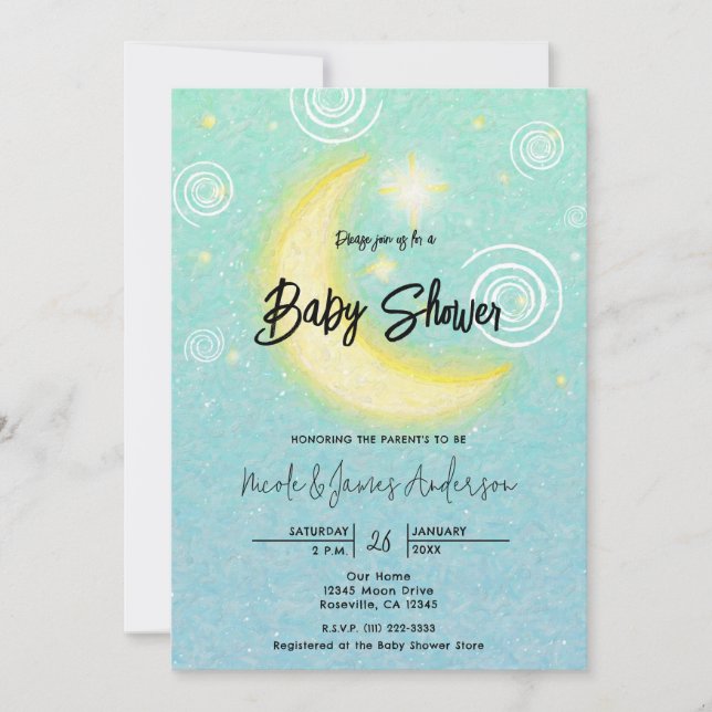 Teal Starry Moonlight Celestial Baby Shower   Invitation (Front)