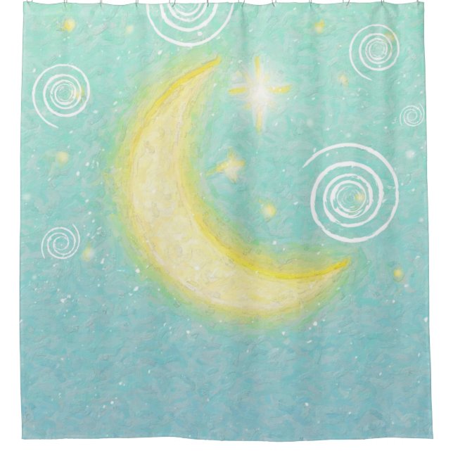 Teal Starry Moonlight Celestial Storybook Shower Curtain (Front)