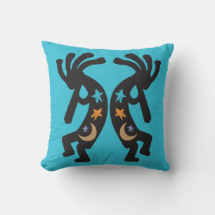 Teal Stars and Moon Kokopelli Throw Pillow