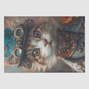 Teal Steampunk Cat with Teal Hat Decoupage  Tissue Paper