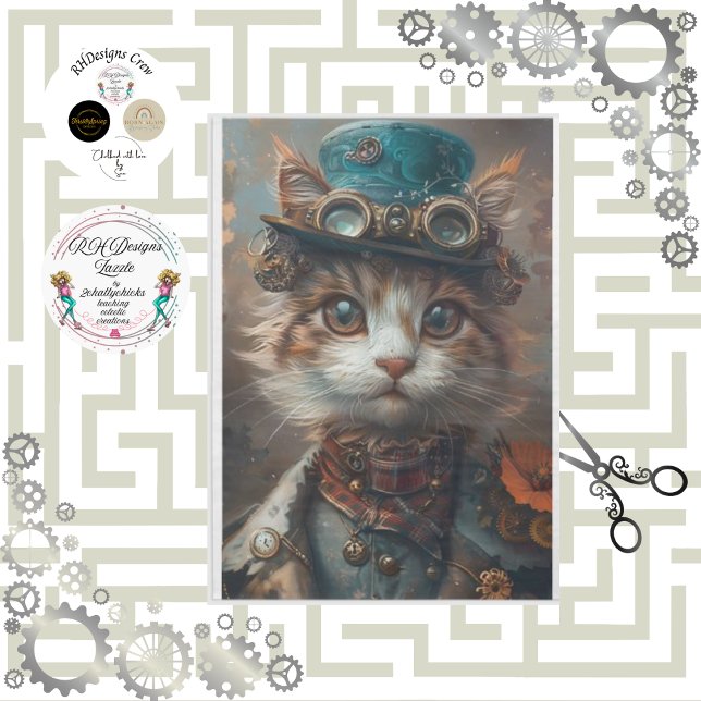 Teal Steampunk Cat with Teal Hat Decoupage  Tissue Paper (Creator Uploaded)