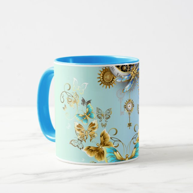 Teal Steampunk Graphic Art, Mechanical Serenity Mug (Front Left)