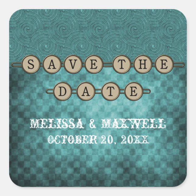 Teal Steampunk Keys Save the Date Stickers (Front)