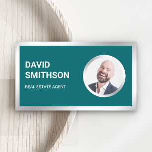 Teal Steel Silver Photo Real Estate Agent Business Card