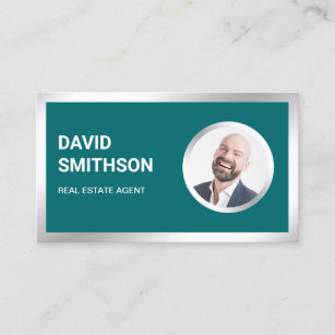 Teal Steel Silver Photo Real Estate Agent Business Card