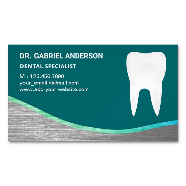 Teal Steel Tooth Dental Clinic Dentist Magnetic Business Card (Front)