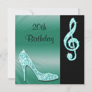 Teal Stiletto & Treble Cleft 20th Birthday Invitation