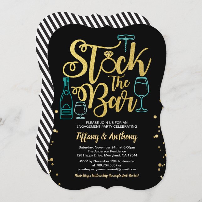 Teal stock the bar engagement party gold black invitation (Front/Back)