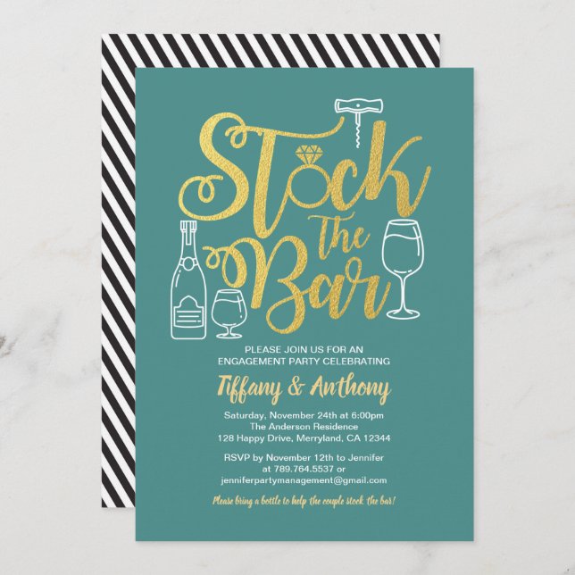 Teal Stock the bar invitation engagement party (Front/Back)