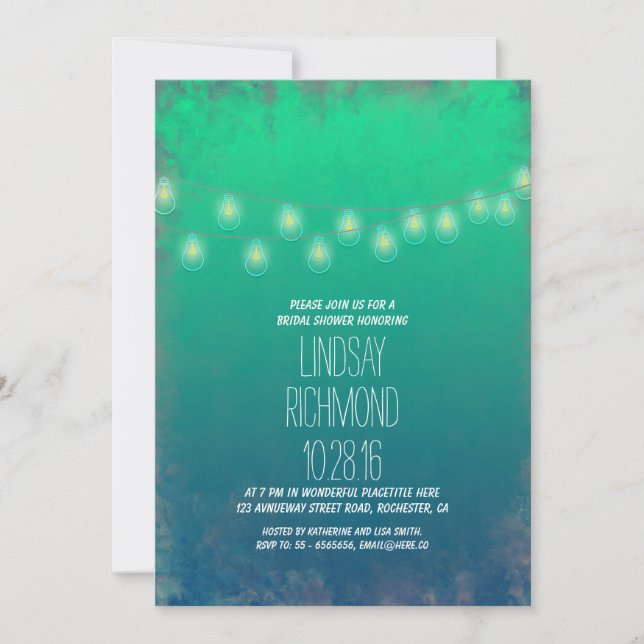 teal string lights bridal shower invitation (Front)