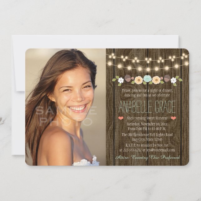 Teal String of Lights Rustic Sweet Sixteen Invitation (Front)
