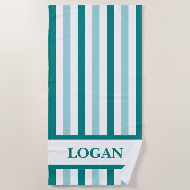 Teal Stripe Beach Towel with Custom Name (Front)