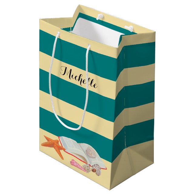 Teal  Stripe & Seashells Personalised Gift Bag (Front Angled)