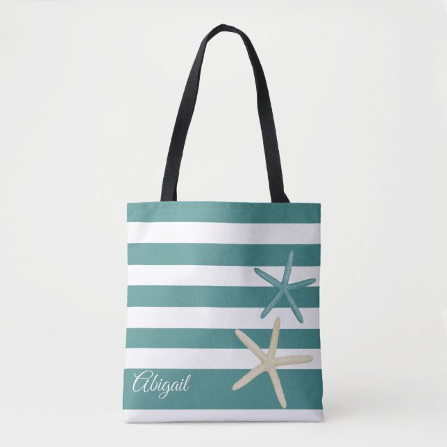 Teal Stripe Starfish Personalised Tote Bag (Front)