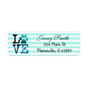 Teal Striped Love Paw Print Return Address Label