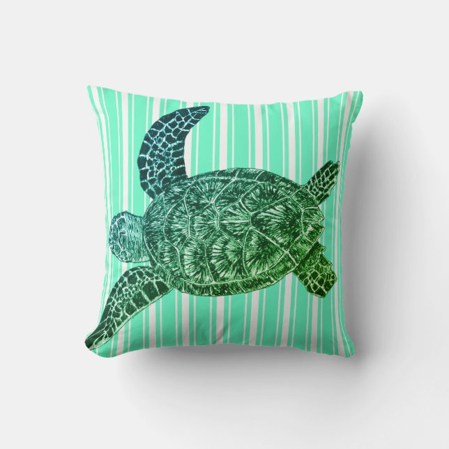Teal Striped Sea Turtle Throw Pillow (Front)