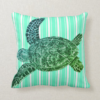 Teal Striped Sea Turtle Throw Pillow