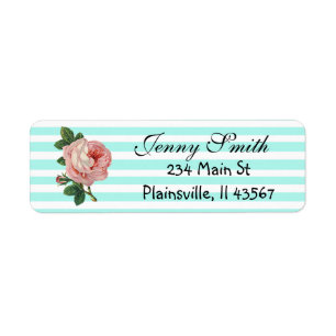 Teal Striped Vintage Rose Return Address Label