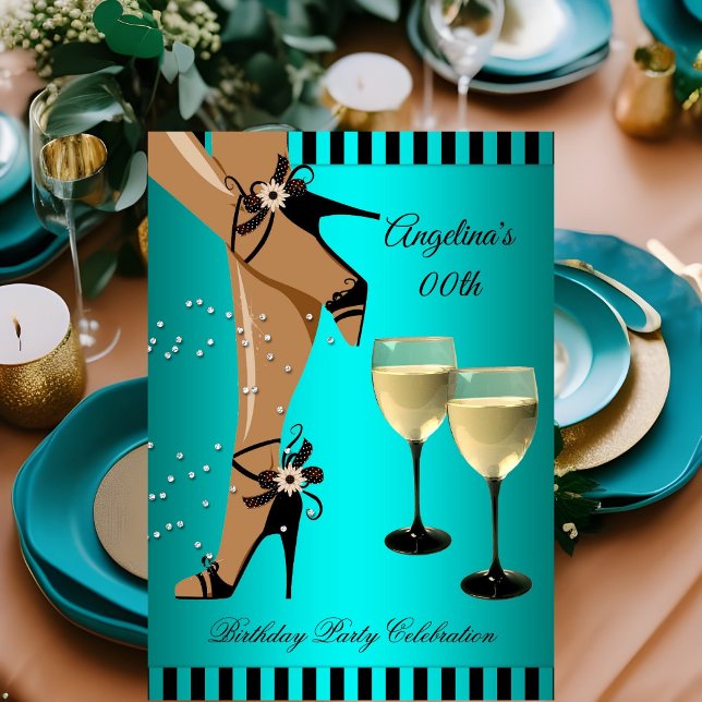 Teal Stripes Black Shoes Wine Glass Birthday Party Invitation (Creator Uploaded)