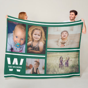 Teal Stripes Multiple Photos Custom Monogram Fleece Blanket