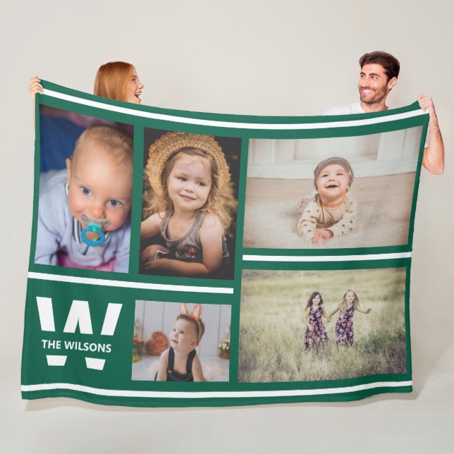 Teal Stripes Multiple Photos Custom Monogram Fleece Blanket (In Situ)